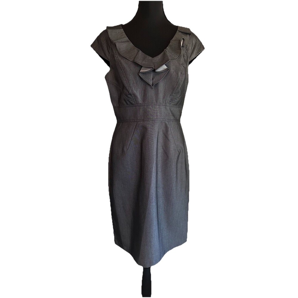Sandra Darren Gray Sheath Dress Ruffle V Neck Career Office Sz 8 Classic